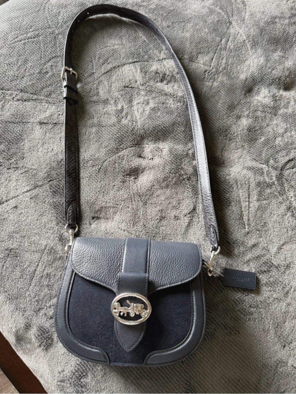 Coach Navy and Black Leather Suede Crossbody Saddle Bag